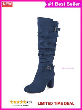 Slouchy Knee High Heeled Boots Faux Suede Chunky Block Heel Round Toe